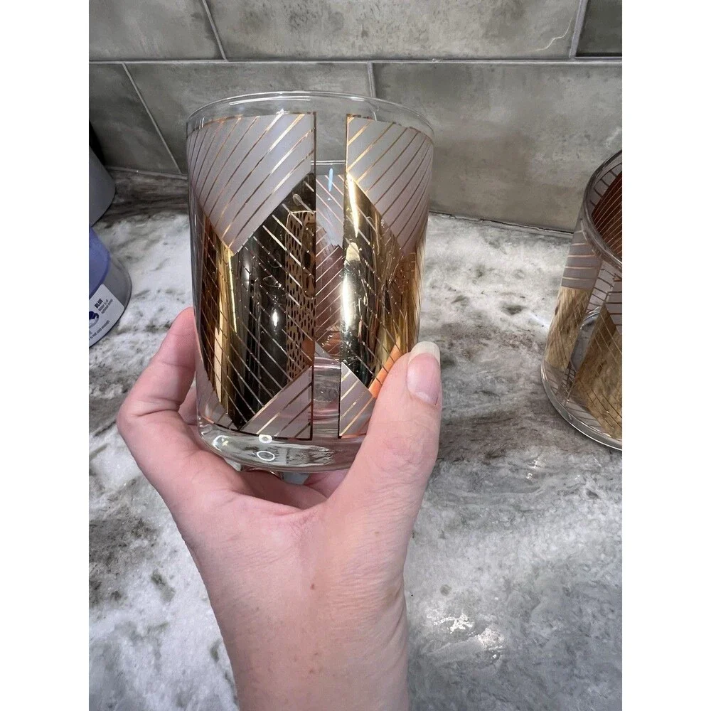 Culver Frosted 22Kt Gold Chevron 3pc Double Old Fashioned Lowballs 1988-96 USA